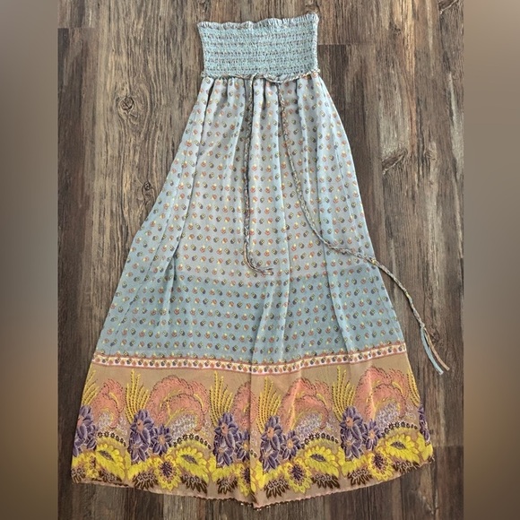 Lani Smocked Strapless Maxi Hawaiian Dress Women’s Lg Blue Yellow Salmon Floral - Picture 1 of 10